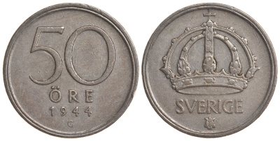 Швеция 50 эре 1944 G, Густав V (1907-1950) KM 817 серебро 4179-953