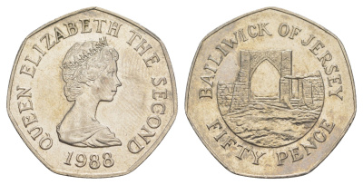 Джерси 50 пенсов 1988 замок Гросне, Елизавета II (1952-2022) KM 58.1 медно-никель 91-134