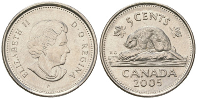 Канада 5 центов 2005 P, Елизавета II (1952-2022), бобер KM 491 сталь плакированный никелем UNC 4381-544
