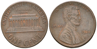 США 1 цент 1984 Авраам Линкольн KM 201b цинк плакированный медью 192-1015