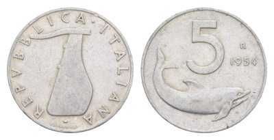 Италия 5 лир 1954 плуг, дельфин KM 92 алюминий 4643-356