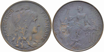 ФРАНЦИЯ 10 САНТИМОВ 1912 ТИП ДАНИЭЛЬ ДЮПЮИ KM 843, LA FRANC 136.22 бронза 109-313