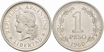 Аргентина 1 песо 1960 голова свободы влево KM 57 сталь плакированная никелем 108-1212