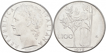ИТАЛИЯ 100 ЛИР 1979 R, АФИНА KM 96.1 нержавеющая сталь 3855-824