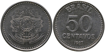 Бразилия 50 сентаво 1987 KM 604, Schon 113 нержавеющая сталь 4567-1037