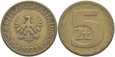 Польша 5 злотых 1977 монетный двор Ленинград (ЛМД) KM 81.1, Parchimowicz 221c латунь 3856-525