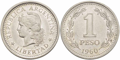 Аргентина 1 песо 1960 голова свободы влево KM 57 сталь плакированная никелем 108-1212