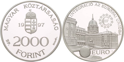 Венгрия 2000 форинтов 1997 интеграция в европейский союз, королевский дворец в Будапеште KM 724 серебро PROOF 1088-9-52