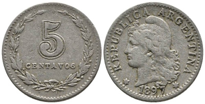 Аргентина 5 сентаво 1897 голова свободы влево KM 9 медно-никель 4528-221