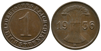 Германия 1 рейхспфенниг 1936 A KM 37, J. 313 бронза 220-139