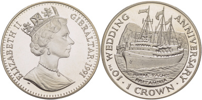 Гибралтар 1 крона 1991 10 лет королевской свадьбы, королевская яхта Британия KM 86 медно-никель BUNC 1084-8-31