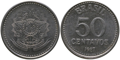 Бразилия 50 сентаво 1987 KM 604, Schon 113 нержавеющая сталь 4567-1037