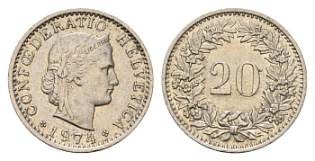 Швейцария 20 раппенов 1974 KM 29a медно-никель 4685-311