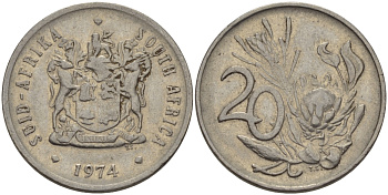 ЮАР 20 ЦЕНТОВ 1974 ГЕРБ, ЦВЕТОК ПРОТЕЯ KM 85 никель 67-447
