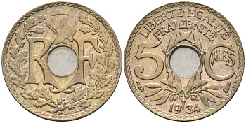 Франция 5 сантимов 1934 тип Линдайё KM 875 медно-никель    4594-1147