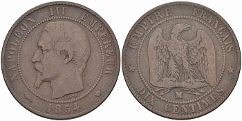 ФРАНЦИЯ 10 САНТИМОВ 1854 MA, НАПОЛЕОН III (1852-1870) KM 771.6, LE FRANC 133.16 бронза 38-934