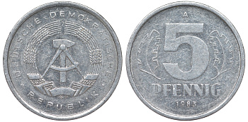 ГДР 5 ПФЕННИГОВ 1983 A КМ 9.2 алюминий 62-457