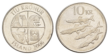 Исландия 10 крон 2006 рыбы KM 29.1a сталь плакированная никелем aUNC 4646-1217