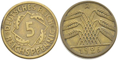 ГЕРМАНИЯ 5 РЕЙХСПФЕННИГОВ 1926 A KM 39, J. 316, Weege 7 алюминиевая бронза 206-813