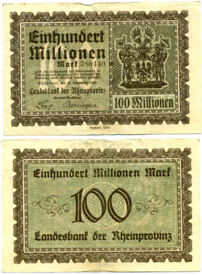 РЕЙНСКИЕ ПРОВИНЦИИ 100000000 МАРОК 1923 НОТГЕЛЬД, 15 СЕНТЯБРЯ 1923 бумага 6294-27-3