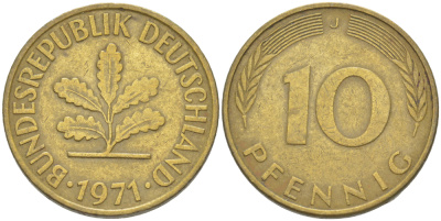 ФРГ 10 ПФЕННИГОВ 1971 J KM 108, J. 383 сталь плакированная латунью 4182-824