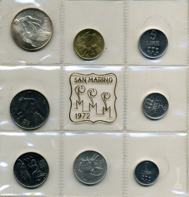 Сан-Марино годовой набор из 8 монет 1972 1, 2, 5, 10, 20, 50, 100 и 500 лир мать поднимает ребенка в воздух KM 14-21, в оригинальной пластиковой запайке серебро KM MS1 серебро UNC 7-5-1-8