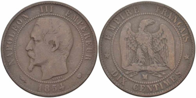 ФРАНЦИЯ 10 САНТИМОВ 1854 MA, НАПОЛЕОН III (1852-1870) KM 771.6, LE FRANC 133.16 бронза 38-934