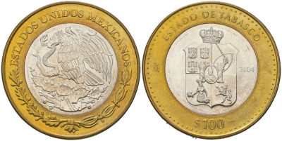 Мексика 100 песо 2004 180 лет Федерации - Табаско KM 693 биметалл, серебро BU 00-1067-10-63