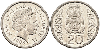 Новая Зеландия 20 центов 2008 Елизавета II (1952-2022), идол Пукаки KM 118а никелированная сталь 4579-1234