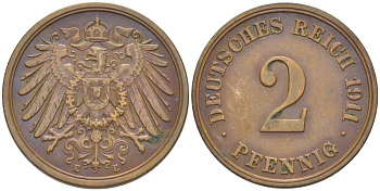 ГЕРМАНИЯ 2 ПФЕННИГА 1911 E KM 16, J. 11, Weege 4 медь 206-566