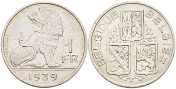 Бельгия 1 франк 1939 Леопольд III (1934-1950), Belgique-Belgie, лев KM 119 никель 210-1057