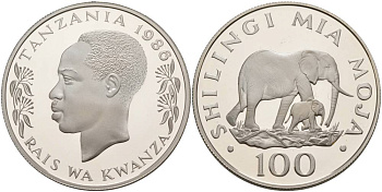 Танзания 100 шиллингов 1986 серия 25 лет окружающей среды, слоны, тираж 25000 экз. KM 18а серебро PROOF 00-00-00