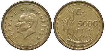 Турция 5000 лир 1996 Мустафа Кемаль Ататюрк KM 1029.1 латунь 62-1252