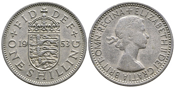Великобритания 1 шиллинг 1953 Елизавета II (1952-2022), Английский герб KM 890, Spink 4139 медно-никель 4385-343