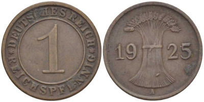 ГЕРМАНИЯ 1 РЕЙХСПФЕННИГ 1925 A KM 37, J. 313, Weege 2 бронза 211-113