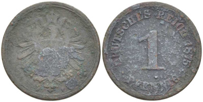 ГЕРМАНИЯ 1 ПФЕННИГ 1875 F, СТАРОГЕРБОВКА KM 1, J. 1, Weege 1 медь 211-612