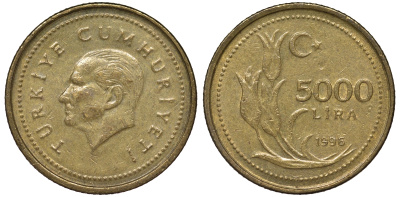 Турция 5000 лир 1996 Мустафа Кемаль Ататюрк KM 1029.1 латунь 62-1252