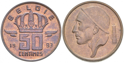 БЕЛЬГИЯ 50 САНТИМОВ 1993 BELGIE, БОДУЭН I (1951-1993) KM 149.1 бронза 3996-1226