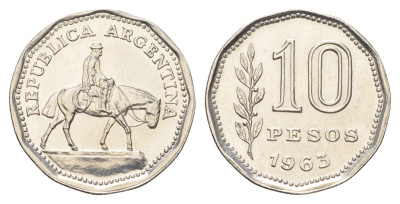 Аргентина 10 песо 1963 Гаучо KM 60 сталь плакированная никелем UNC 4662-723