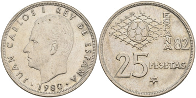 Испания 25 песет 1982 (80) Чемпионат мира по футболу 1982 года в Испании, Хуан Карлос I (1975 - 2014) KM 818 медно-никель 4531-1232