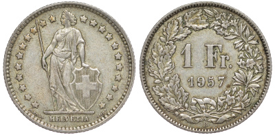 Швейцария 1 франк 1957 KM 24 серебро 4178-646