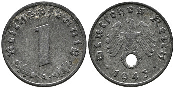 ГЕРМАНИЯ 1 РЕЙХСПФЕННИГ 1943 A KM 97, J. 369 цинк 39-1224