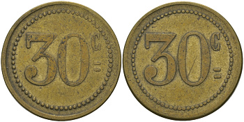ФРАНЦИЯ 30 САНТИМОВ ND ПЛАТЕЖНЫЙ ЖЕТОН НАЧАЛА XX ВЕКА, ЦИФРЫ НОМИНАЛА 11 ММ., ДИАМЕТР 24 ММ. латунь 65-344