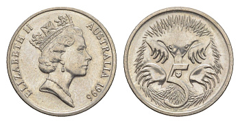 Австралия 5 центов 1996 Елизавета II (1952-2022), ехидна KM 80 медно-никель UNC 4154-165