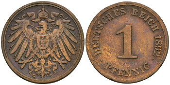 Германия 1 пфенниг 1892 G, Вильгельм II (1888-1918) KM 10, J. 10 медь 4608-221