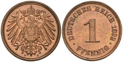 Германия 1 пфенниг 1892 A, Вильгельм II (1888-1918) KM 10, J. 10 медь 4608-563