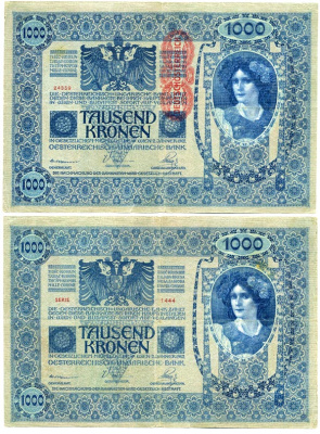 АВСТРИЯ 1000 КРОН 1919 КРАСНАЯ ВЕРТИКАЛЬНАЯ НАДПЕЧАТКА НА 1902 Pick 59 бумага 8611-54-1