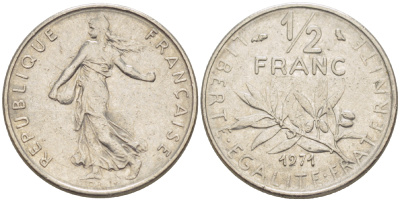 ФРАНЦИЯ 1/2 ФРАНКА 1971 СЕЯТЕЛЬ KM 931.1, LE FRANC 198.10 никель 75-1649