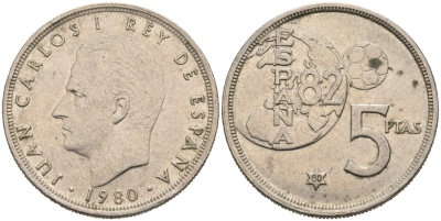 Испания 5 песет 1980 (80) чемпионат мира по футболу в Испании 1980 KM 817 медно-никель 92-934
