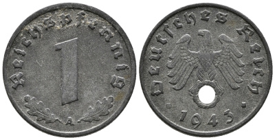 ГЕРМАНИЯ 1 РЕЙХСПФЕННИГ 1943 A KM 97, J. 369 цинк 39-1224